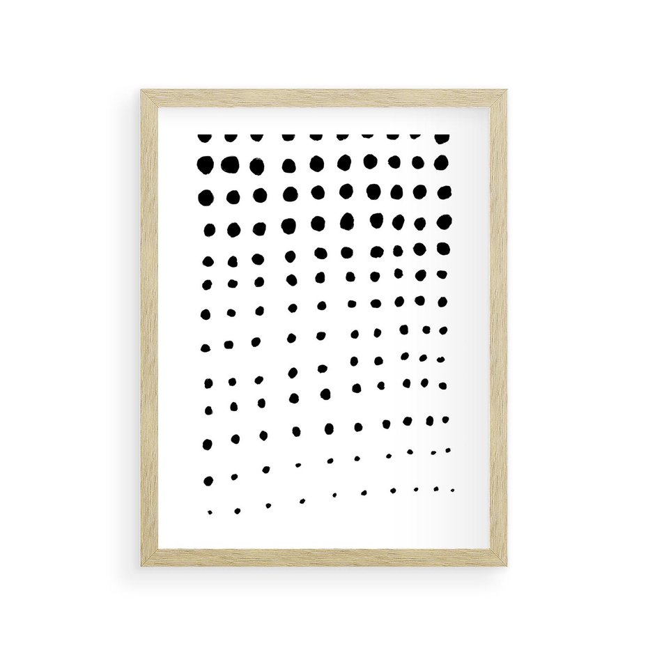 Plakat w ramie 30x40 - Abstrakcyjna Transformacja - abstrakcyjna kompozycja z czarnych kropek, minimalistyczny czarno bialy plakat - rama drewno