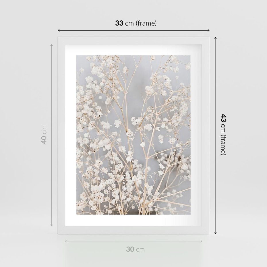 Plakat w ramie 30x40 - Białe Drobne Kwiaty - gipsówka, białe drobne kwiatki - rama biała