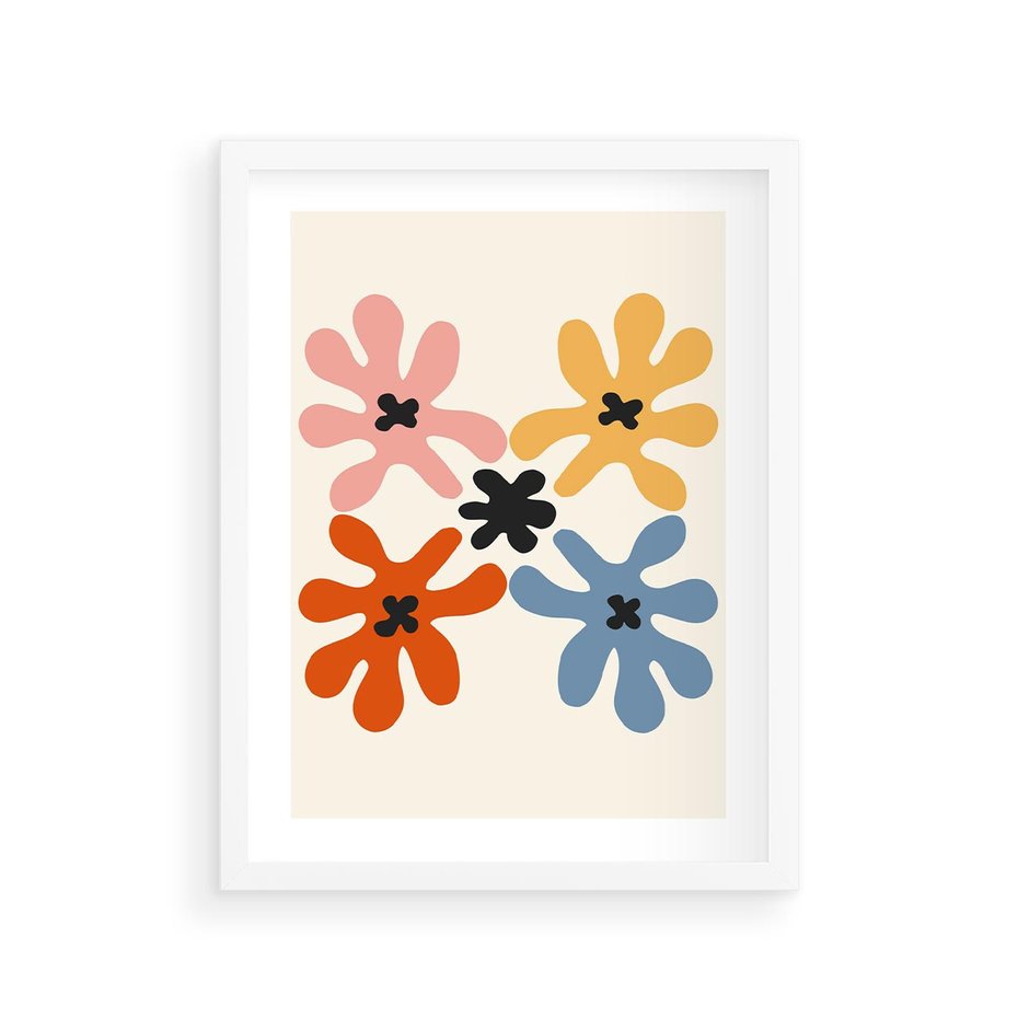 Plakat w ramie 30x40 - Taniec Akwareli - abstrakcyjne wielokolorowe kwiaty, minimalizm - rama biała