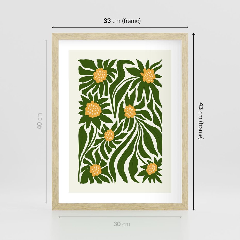 Plakat w ramie 30x40 - Spojrzenie wgłąb roślinnego świata - abstrakcyjne kwiaty, kompozycja - rama drewno