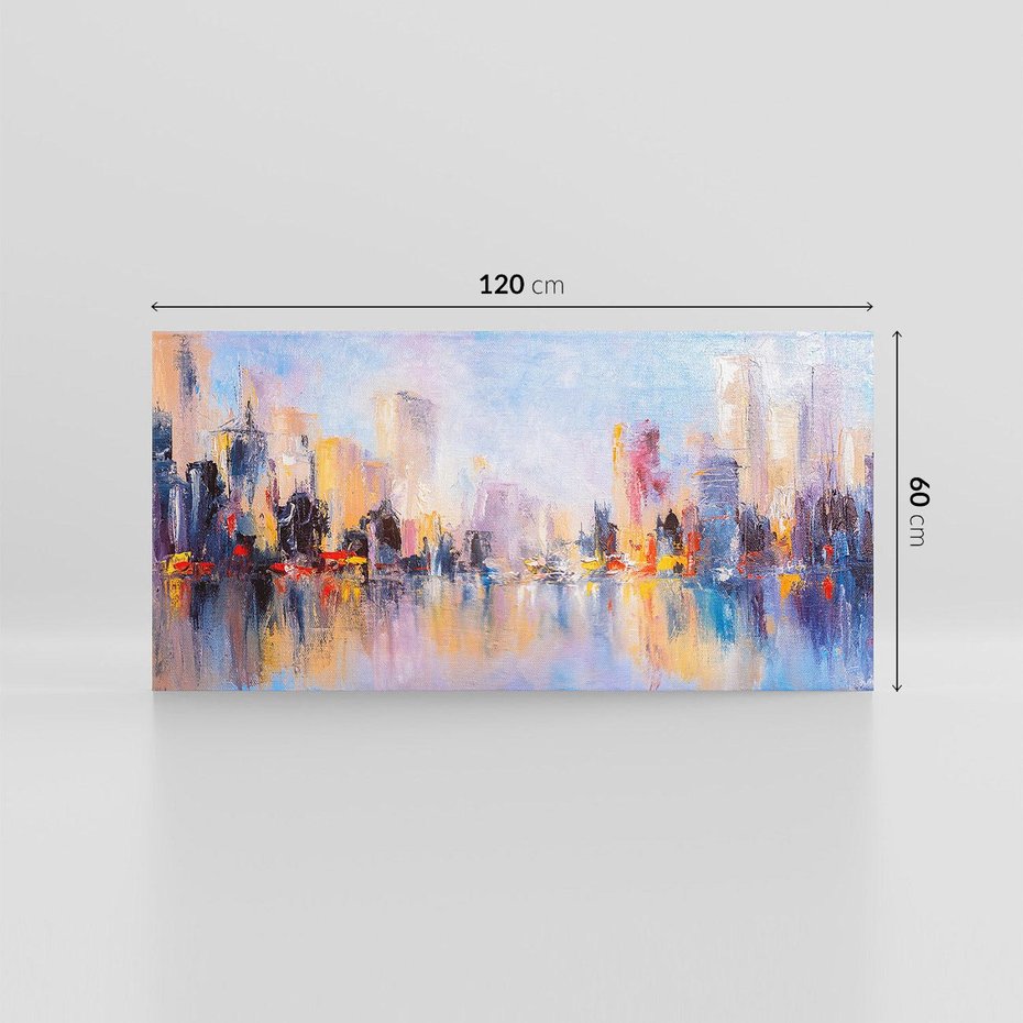 Obraz na płótnie 120x60 - Miasto Refleksji - olejna panorama miasta w oddali, wiezowce odbijają się w rzece