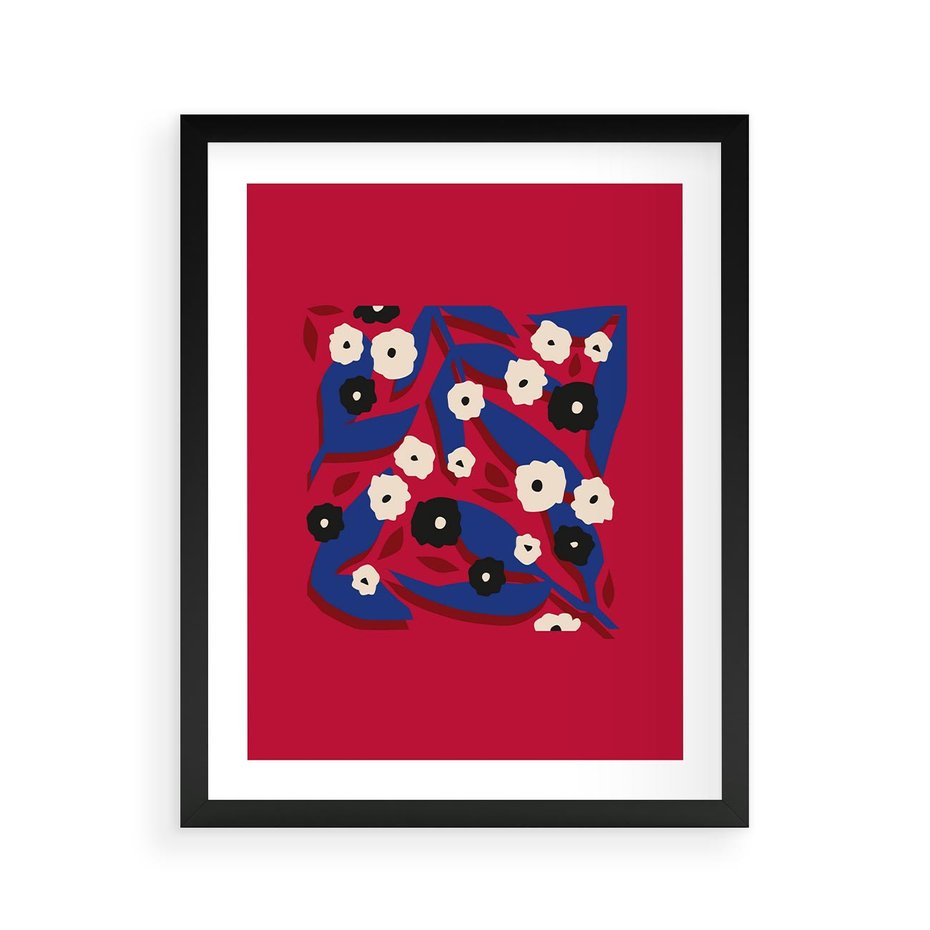 Plakat w ramie 40x50 - Kolorowe Przenikanie - abstrakcyjna kwiatowa kompozycja, czerwone mocne tło - rama czarna