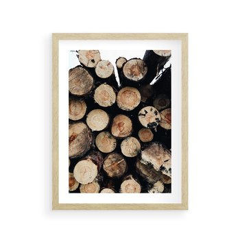 Plakat w ramie 50x70 - Siła Drewna - ścięte drewno, belki drewna ułożone jedna na drugiej - rama drewno