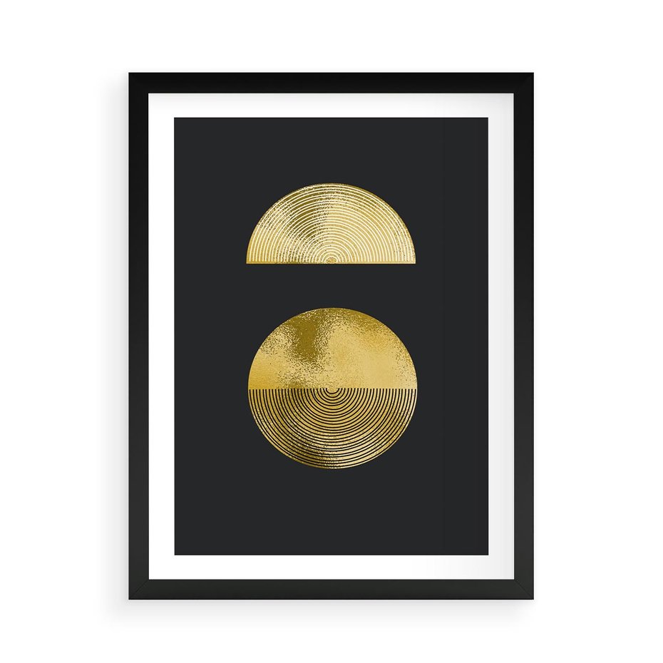 Plakat w ramie 50x70 - Migotliwe Przeniknięcia - złote koła, czarne tło - rama czarna