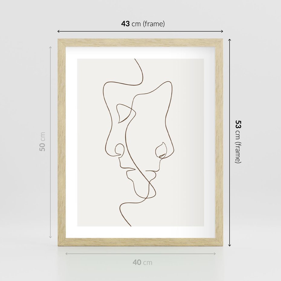 Plakat w ramie 40x50 - Jedna Linia, Dwie Twarze - minimalistyczny plakat, dwie twarze - rama drewno