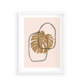 Plakat w ramie 50x70 - Liście w Beżowym Minimalizmie - minimalistyczny obraz, liście monstery - rama biała