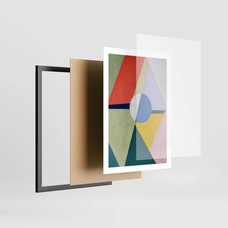 Plakat w ramie 50x70 - Taniec Subtelnych Odbić - abstrakcyjne geometryczne kształty, olejny obraz - rama czarna