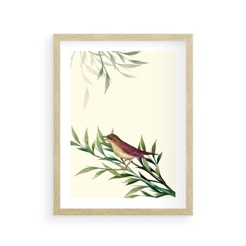 Plakat w ramie 30x40 - Roślinne Nastroje - japońska sztuka, ptak - rama drewno