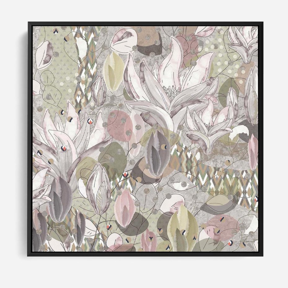 Obraz w ramie 50x50 - Pejzaże zatajonej duszy - połączenie tekstur, roślinne motywy - rama czarna