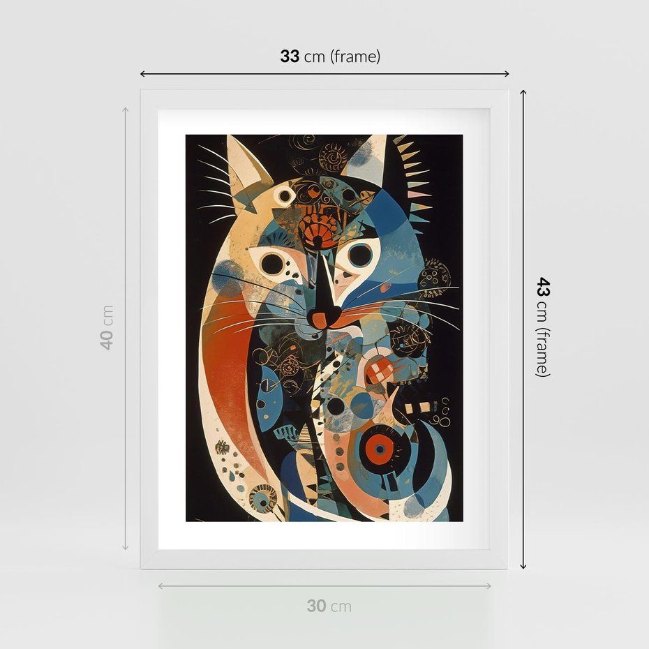 Plakat w ramie 30x40 - Księga Surrealnych Wymiarów - abstrakcyjny obraz olejny, kot - rama biała