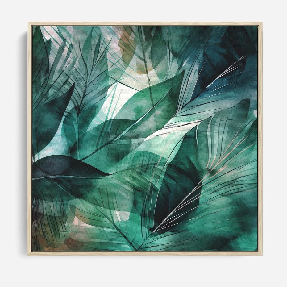 Obraz w ramie 80x80 - Zieleń Tropików - tropikalne zielone liście palmy, monstera - rama drewno