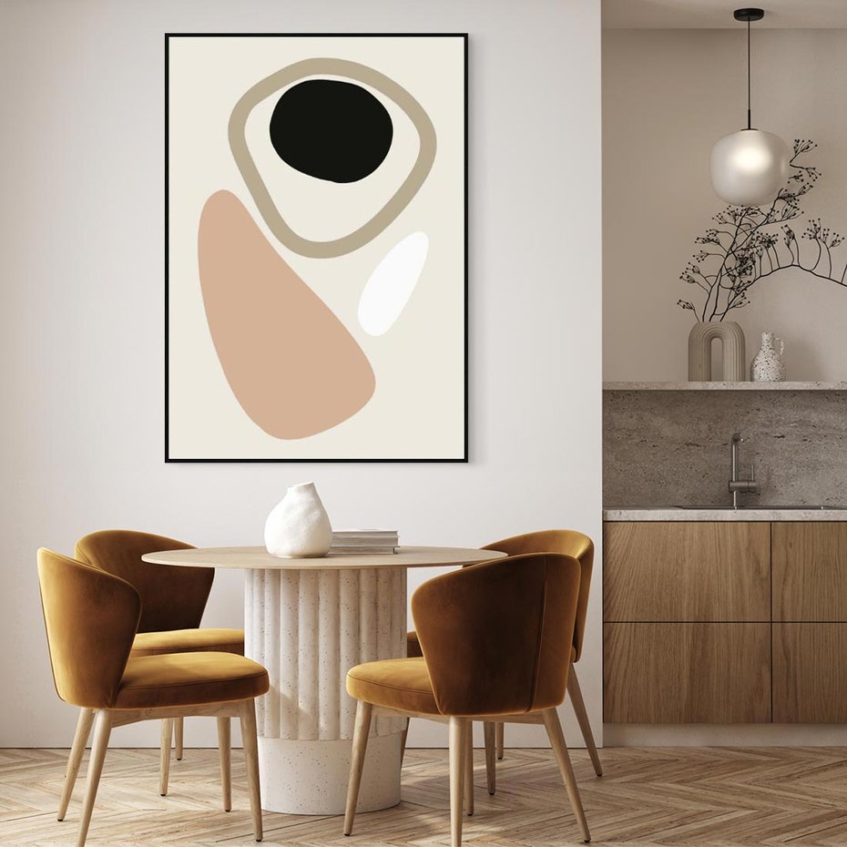 Obraz w ramie 50x70 - Beżowa Synergia - beżowa abstrakcyjna kompozycja, czarny akcent - rama czarna