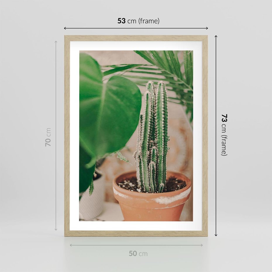 Plakat w ramie 50x70 - Boho Urok - kaktus w doniczce, gliniana doniczka - rama drewno