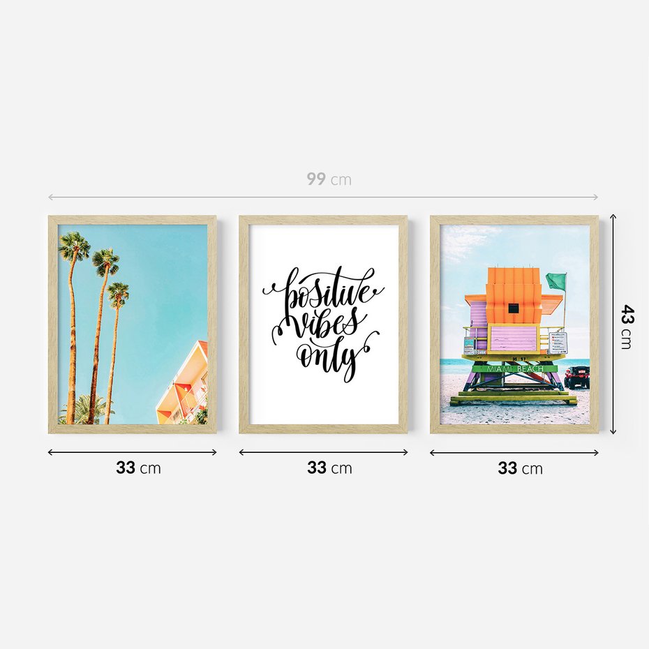 Zestaw obrazy w ramie 30x40 galeria - Pozytywny, cytat, plaża, palmy, wakacje - rama drewno