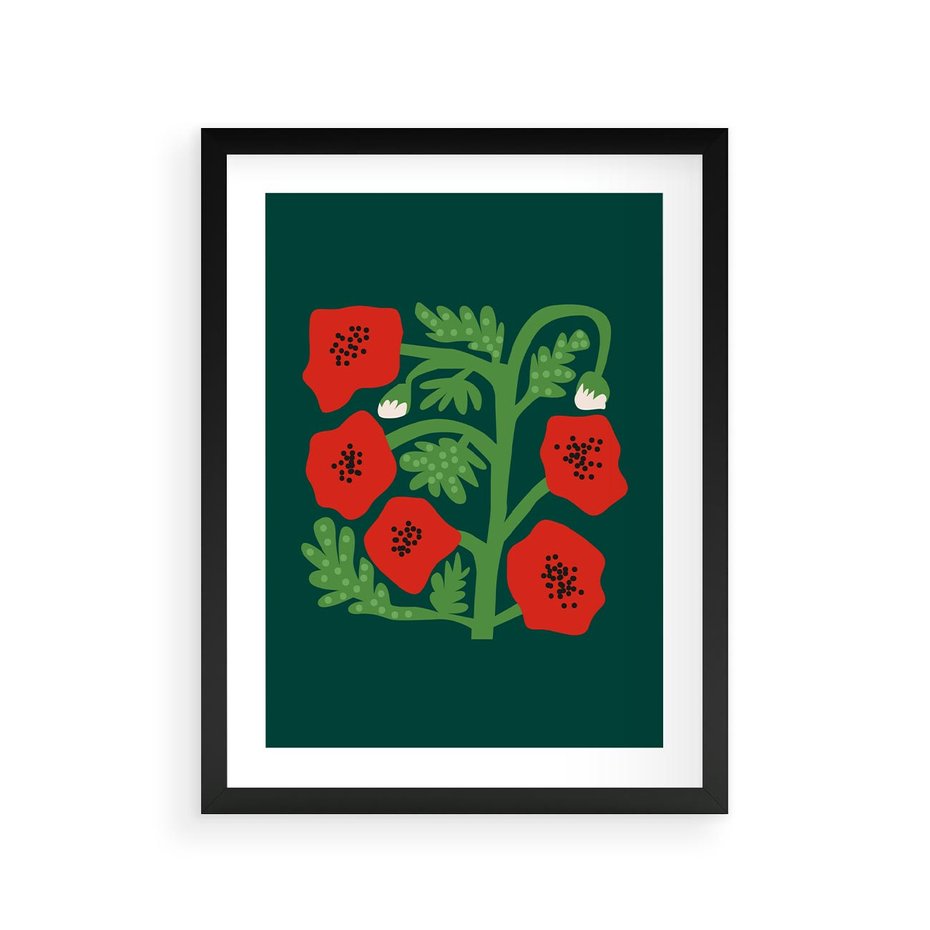 Plakat w ramie 30x40 - Księga Odbić - abstrakcyjna kwiatowa kompozycja, zielone  mocne tło - rama czarna