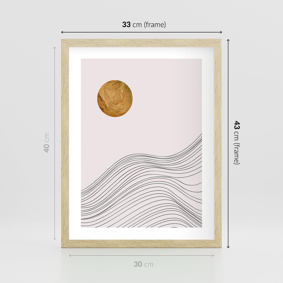 Plakat w ramie 30x40 - Minimalistyczne Słońce: Blask i Złoto - grafika, minimalizm - rama drewno