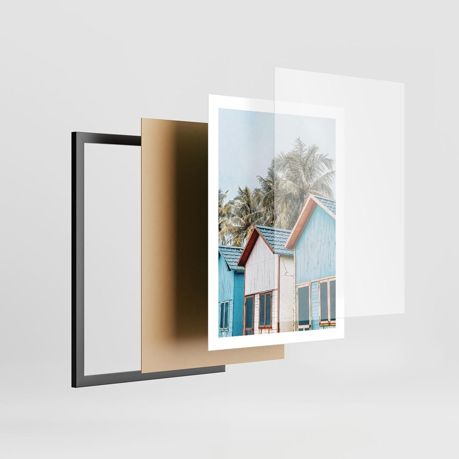 Plakat w ramie 50x70 - Rajskie Wakacje - domki na plaży, błękitne domki - rama czarna