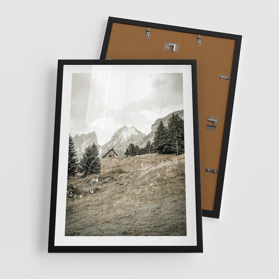 Plakat w ramie 50x70 - Krajobraz Sepii: Domek w Górach - domek w górach, góry - rama czarna