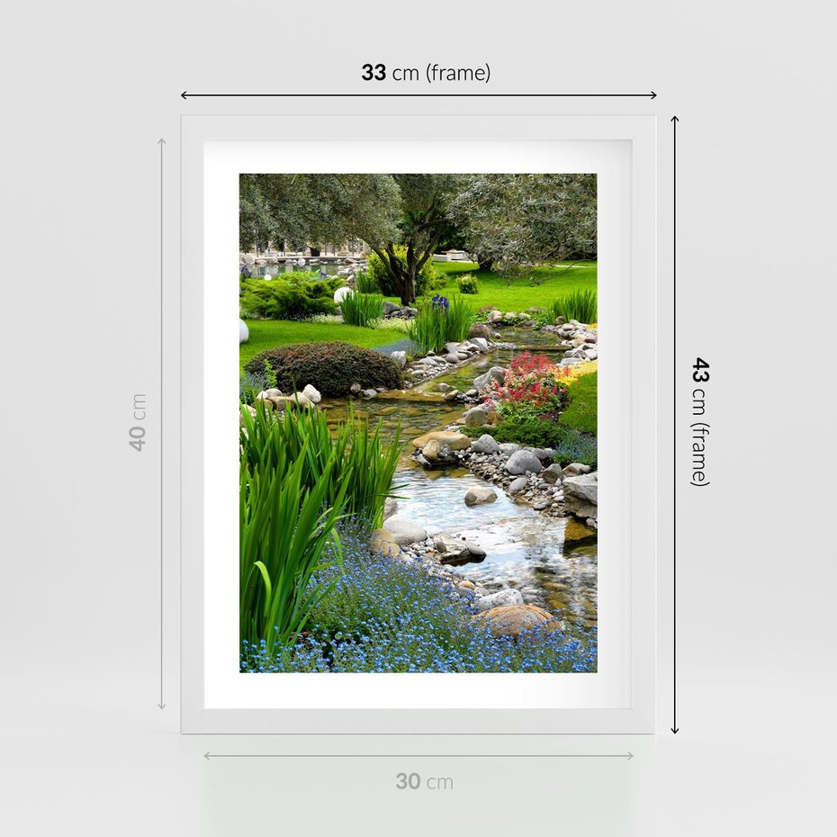 Plakat w ramie 30x40 - Ogródowy Strumyk - strumyk, ogród - rama biała
