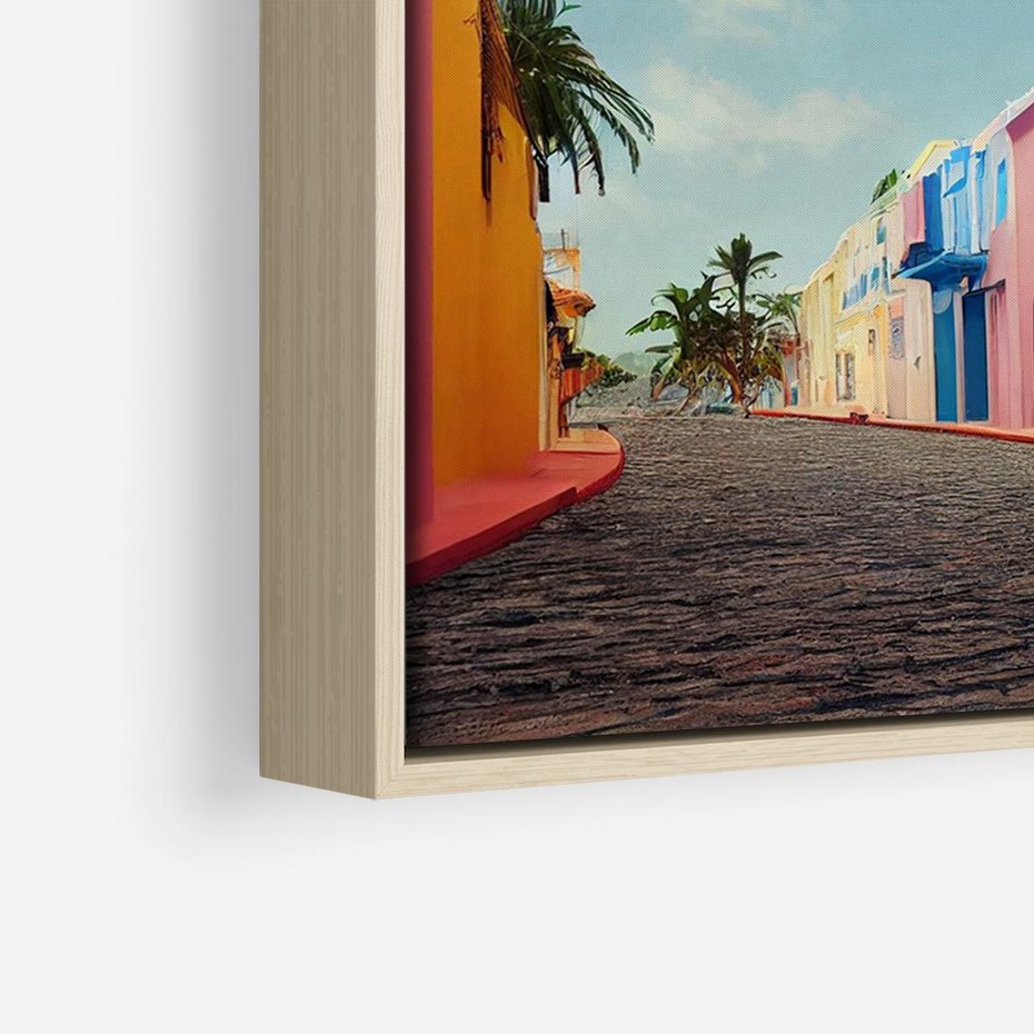 Obraz w ramie 100x70 - Ekspresja marzeń i tęsknot - pastelowe kolorowe budynki, wzdłuż ulicy - rama drewno