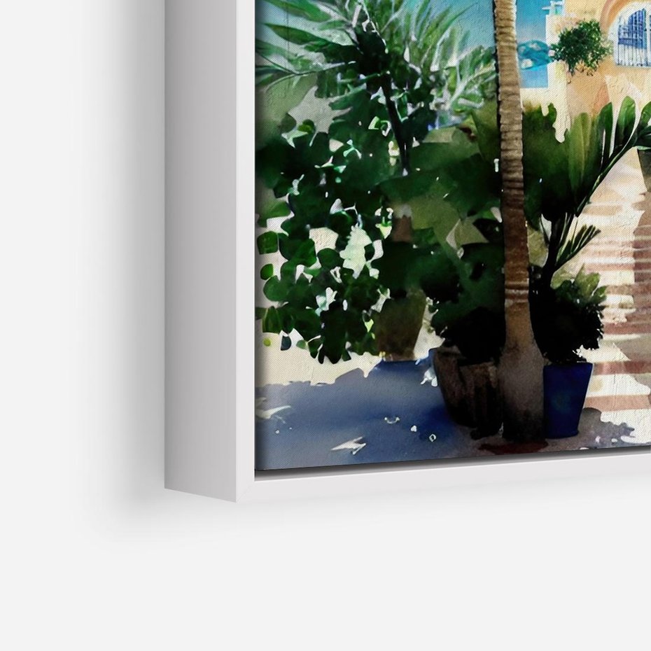 Obraz w ramie 80x80 - Spokój Miasta nad Morzem - akwarela, sródziemnomorski klimat - rama biała