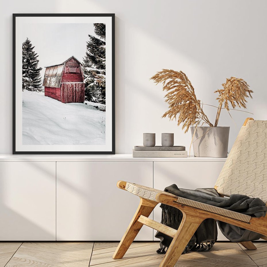 Plakat w ramie 40x50 - Domek w Śnieżnych Górach - domek, góry - rama czarna