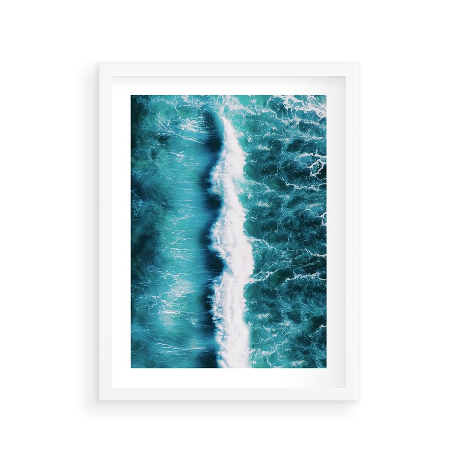 Plakat w ramie 30x40 - Błękitna Siła Oceanu - fale, ocean - rama biała