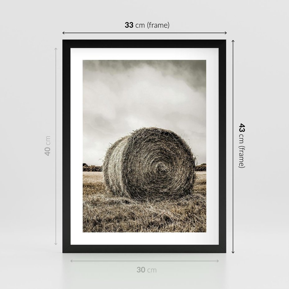 Plakat w ramie 30x40 - Siano w Sepii: Wiejska Tradycja - snopek siana, bela siana - rama czarna