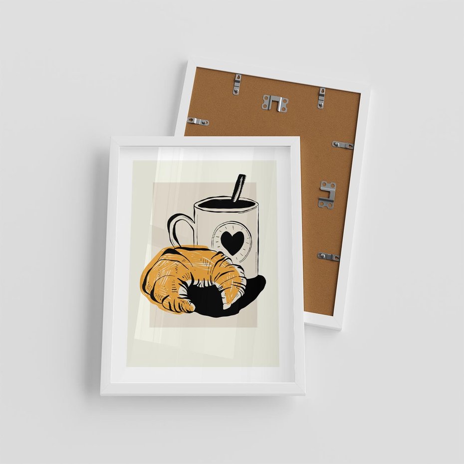 Plakat w ramie 30x40 - Śniadanie z Croissantem - grafika, croisant - rama biała