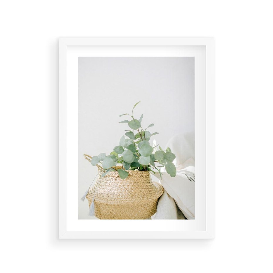 Plakat w ramie 30x40 - Eukaliptusowa Świeżość - eukaliptus, liście w koszu z wikliny - rama biała