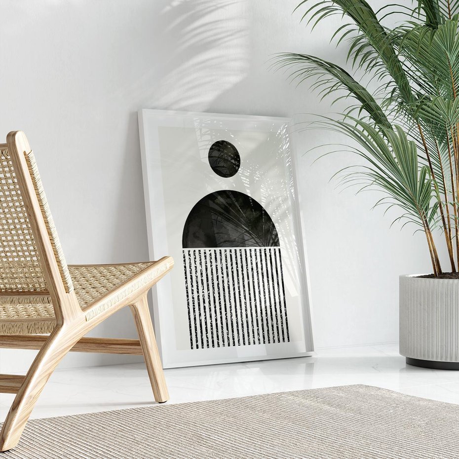 Plakat w ramie 40x50 - Księga Wibracji - abstrakcyjne czarno białe formy, minmalizm - rama biała