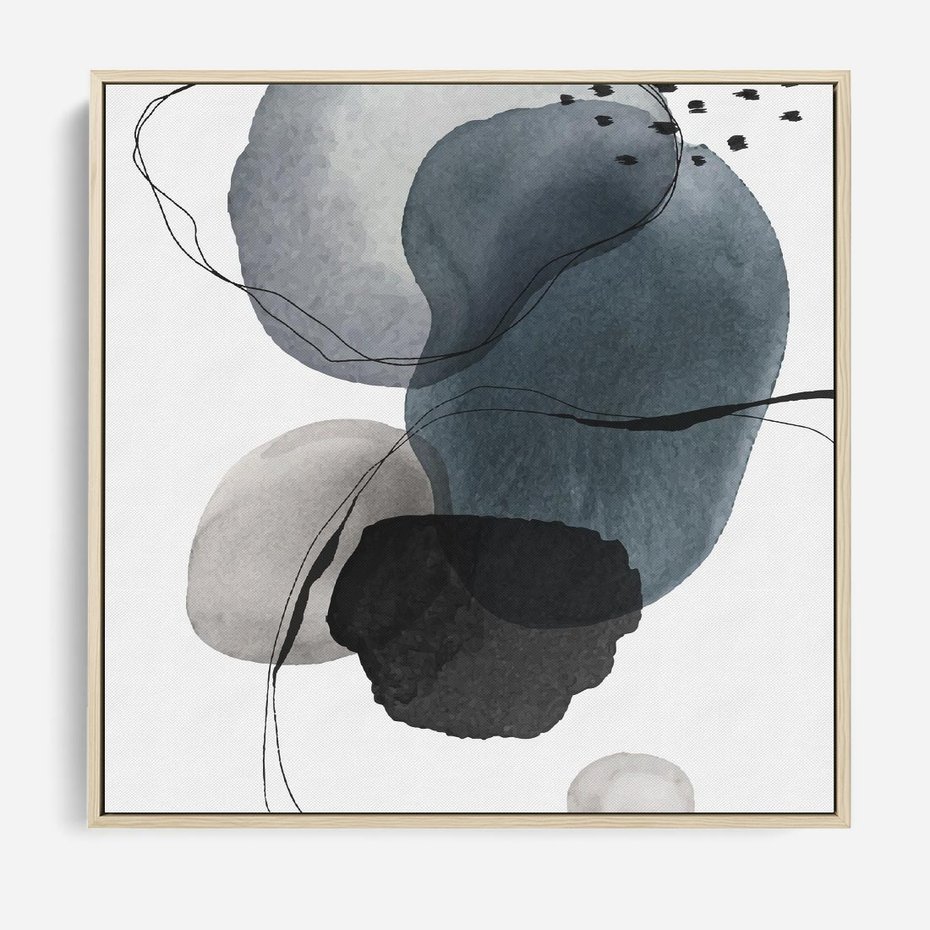Obraz w ramie 50x50 - Wibracje Kształtów - abstrakcyjne plamy akwarelowe, czarny szkic - rama drewno
