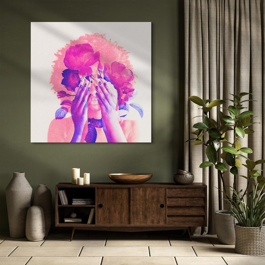 Obraz na płótnie 50x50 - Kwiaty we Włosach - różowa postać, grafika
