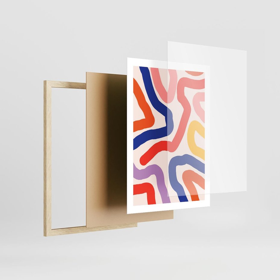 Plakat w ramie 50x70 - Intrygujące Widzenia - abstrakcyjny kolorowy obraz, kolorowe linie - rama drewno