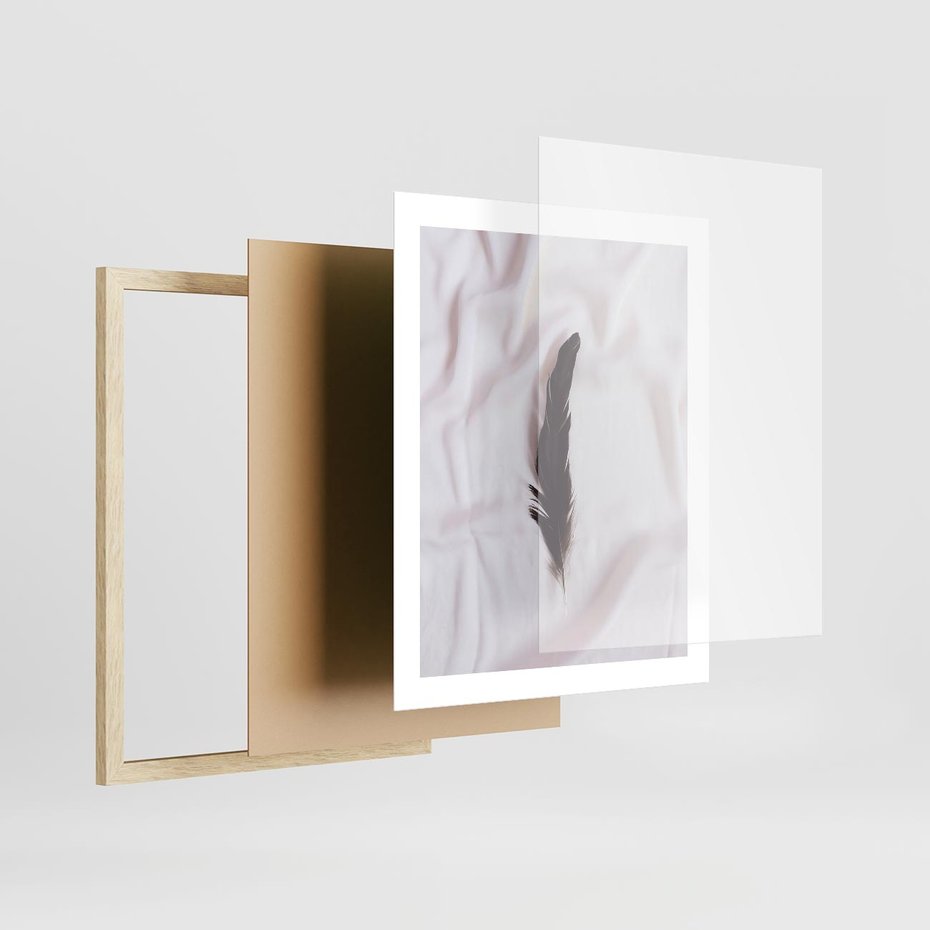 Plakat w ramie 40x50 - Prosta Elegancja - czarne pióro na białej pościeli, minimalizm - rama drewno