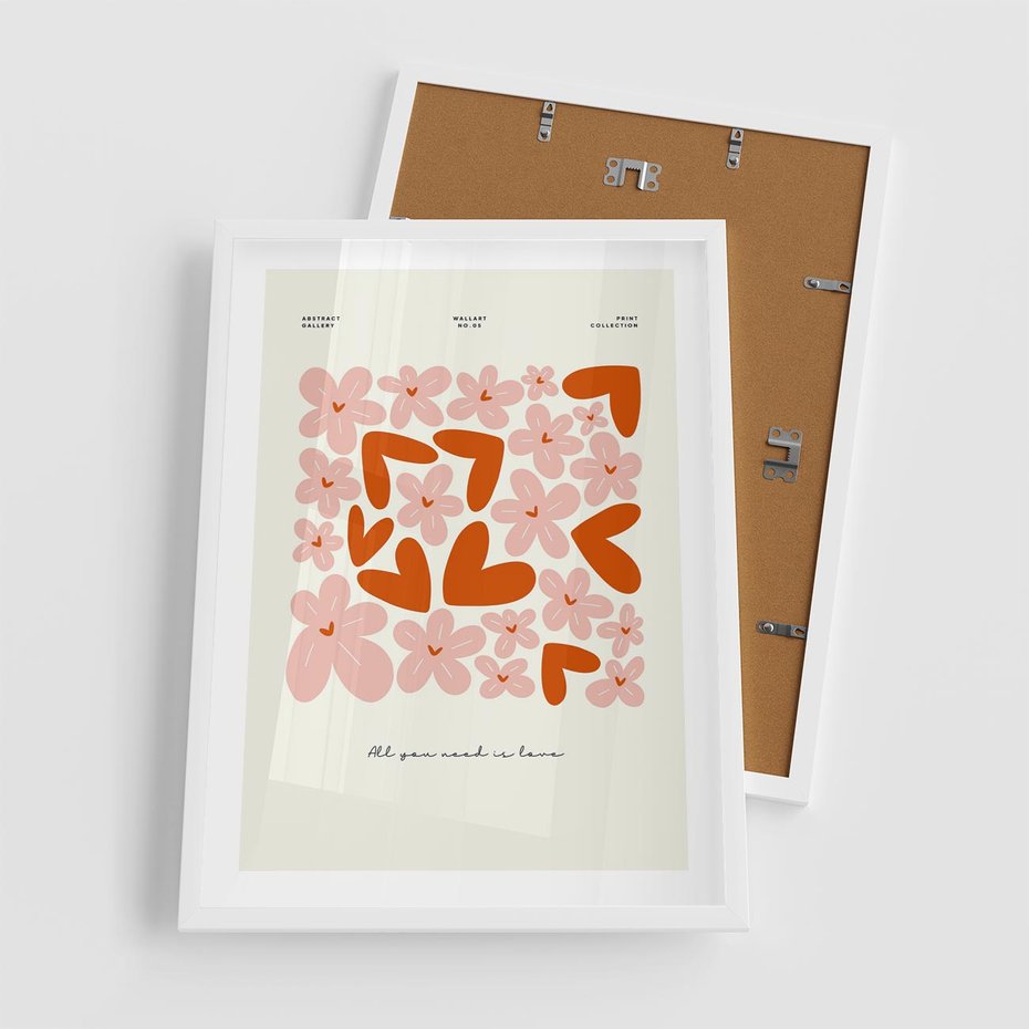 Plakat w ramie 50x70 - Miłość w Kompozycji - grafika, kompozycja kwiaty i serca - rama biała