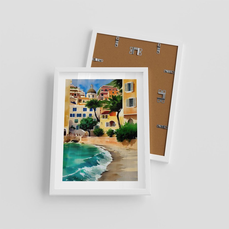 Plakat w ramie 30x40 - Zamieszkajmy Tu - akwarela, śródziemnomorski klimat - rama biała