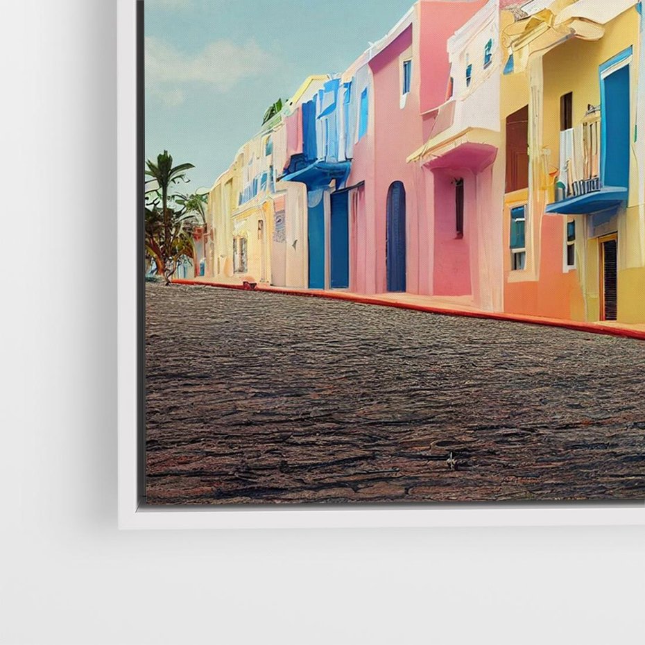 Obraz w ramie 50x50 - Ekspresja marzeń i tęsknot - pastelowe kolorowe budynki, wzdłuż ulicy - rama biała