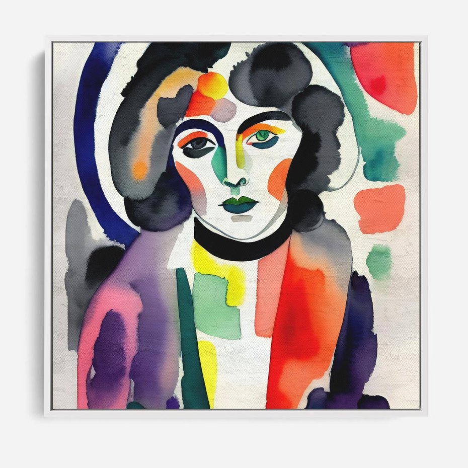 Obraz w ramie 50x50 - Subtelne Akwarelowe Ulotności - abstrakcyjny akwarelowy portret kobiety, rozmyte farby - rama biała