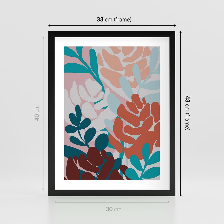 Plakat w ramie 30x40 - Impresje Kształtów - abstrakcyjna kompozycja kwiatowych form, kolor zgaszone - rama czarna