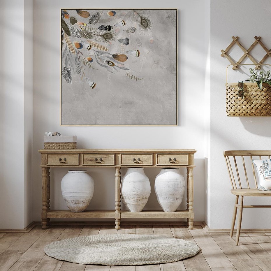 Obraz w ramie 50x50 - Sploty losu na płótnie - kompozycja boho piór, indiańskie pióra - rama drewno