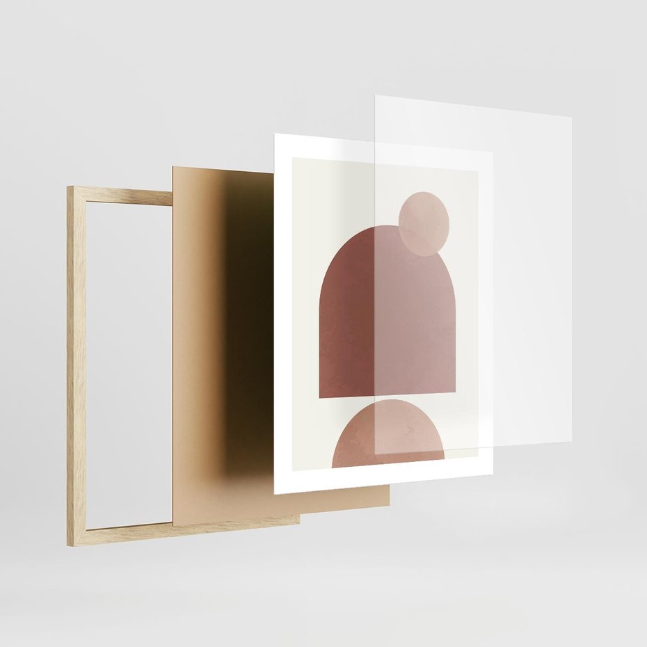 Plakat w ramie 40x50 - Rozkwitające Odbicia - abstrakcyjne geometryczne kształty, odcienie brązu i beżu - rama drewno