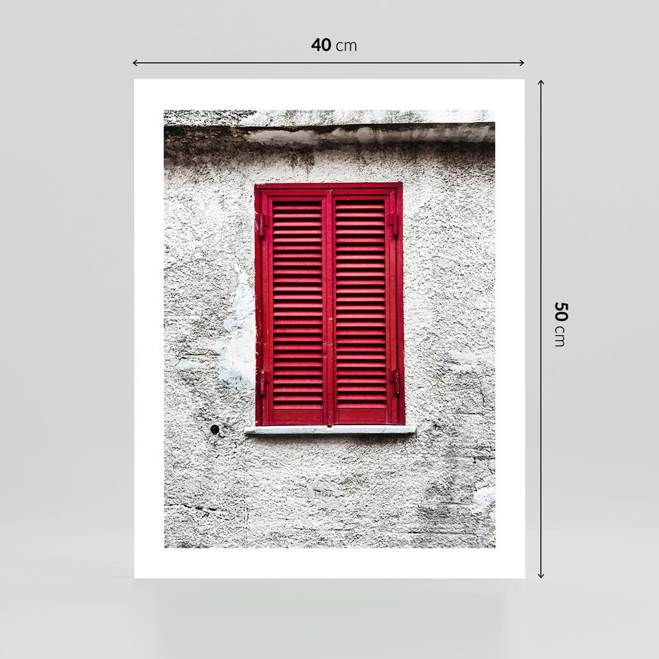 Plakat bez ramy 40x50 - Okno z Czerwonymi Okiennicami - stare okno, kamienica