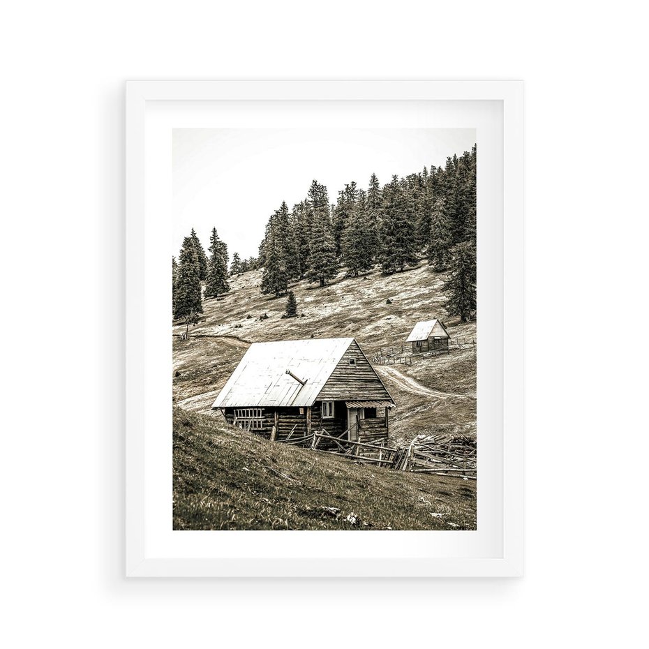 Plakat w ramie 40x50 - Ustronne Chatki w Górach - rustykalne domki w górach, sepia - rama biała