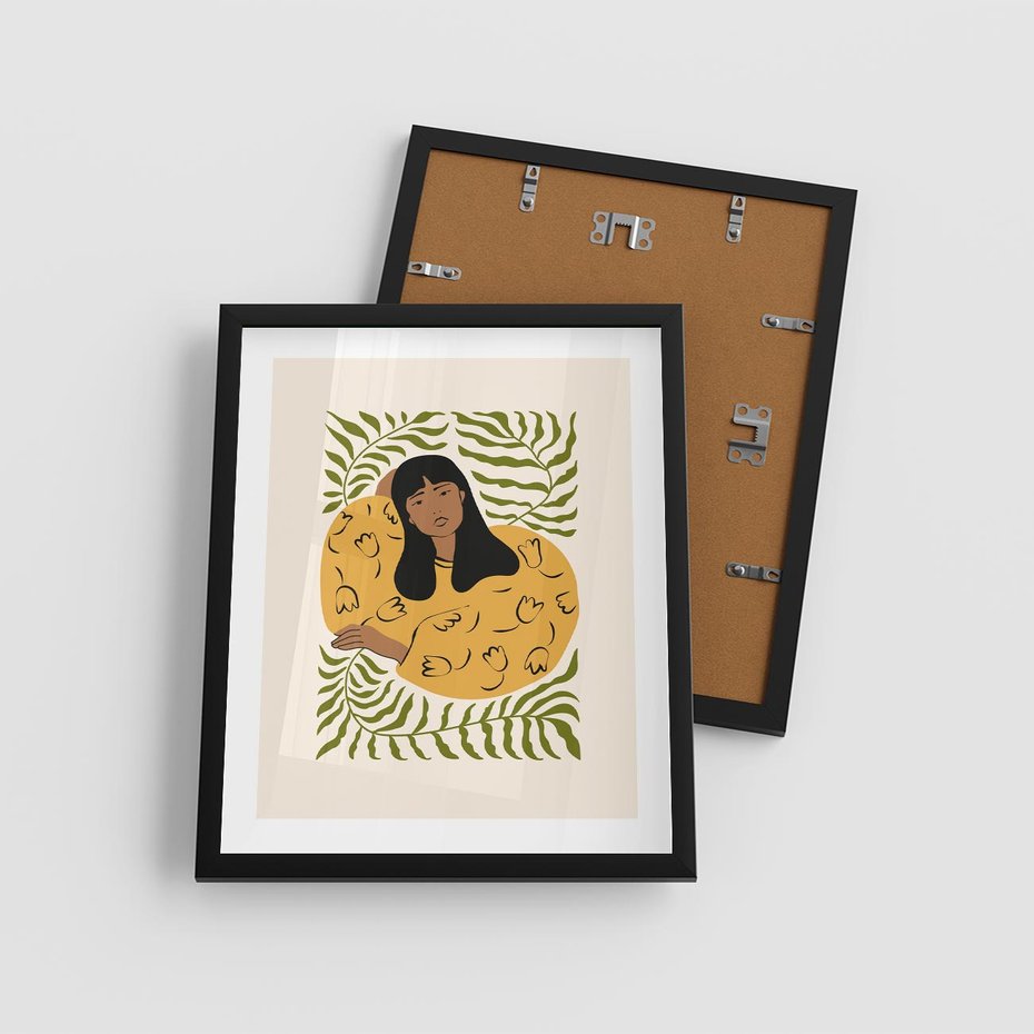 Plakat w ramie 40x50 - Malowane Odbicia Wyobraźni - nowoczesny plakat, kobieta otoczona liśćmi - rama czarna