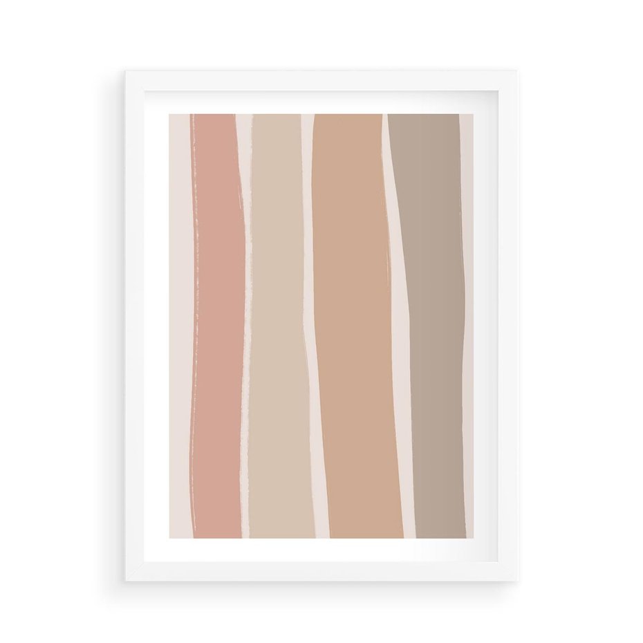 Plakat w ramie 50x70 - Tęczowa Zgaszona Aura - abstakcyjne tęczowe pasy, delikatne odcienie beżu - rama biała