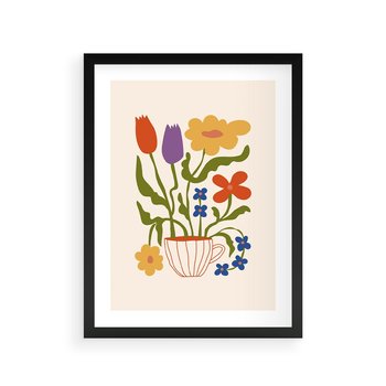 Plakat w ramie 30x40 - Kolorowe Granice - kwiaty w filizance, abstrakcja - rama czarna