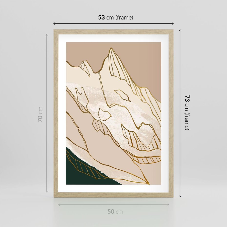 Plakat w ramie 50x70 - Góry w Złocie i Minimalizmie - grafika, złote góry - rama drewno