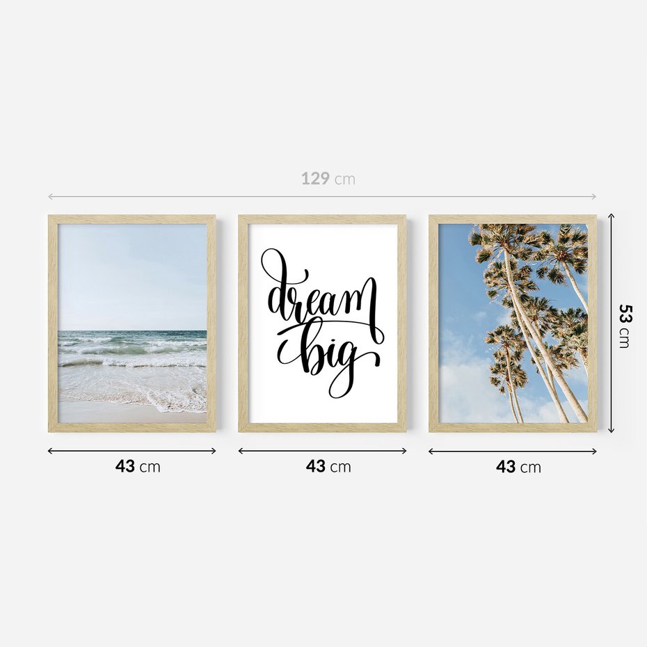 Zestaw obrazy w ramie 40x50 galeria - Dream, big, palmy, morze - rama drewno