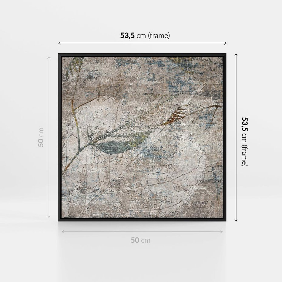 Obraz w ramie 50x50 - Betonowe Wspomnienia Liści - odciski w betonie, odbitki - rama czarna